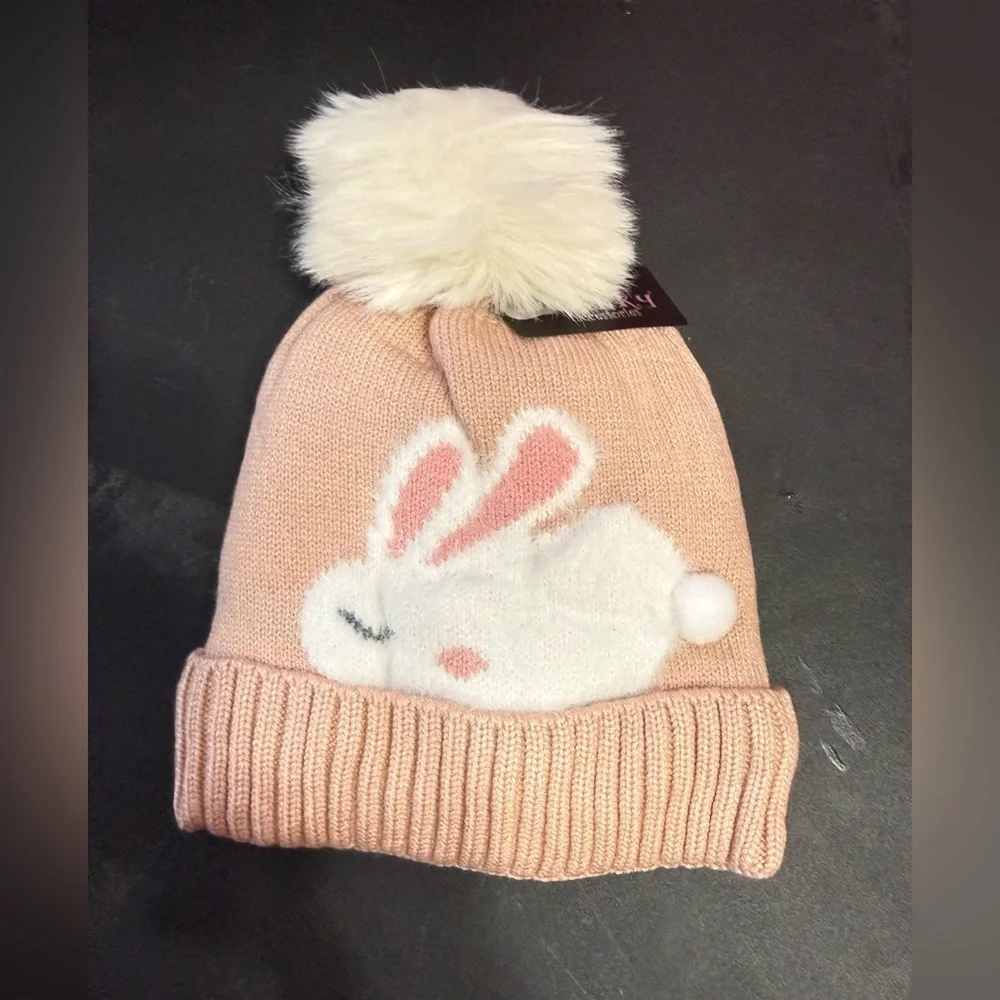 Charming Pink Bunny Kids Beanie with Pom Pom